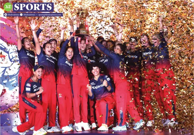  ?? — PTI ?? Royal Challenger­s Bangalore players celebrate their win over the Delhi Capitals in the final on Sunday.