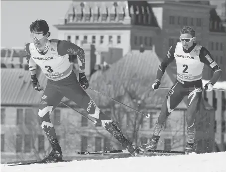  ?? JACQUES BOISSINOT/THE CANADIAN PRESS ?? Canada’s Alex Harvey, left, and Niklas Dyrhaug of Norway race in the men’s World Cup 15-kilometre freestyle pursuit Sunday in Quebec City. Harvey finished just ahead of Dyrhaug for silver. Johannes Hoesflot Klaebo of Norway won gold.