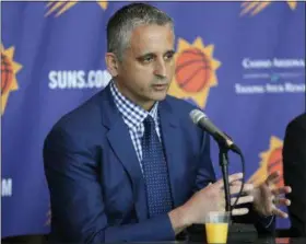  ?? MATT YORK — THE ASSOCIATED PRESS ?? Phoenix Suns head coach Igor Kokoskov speaks to the media Monday in Phoenix. Kokoskov will oversee a vastly improved team after they compiled the worst record in the NBA last season.