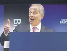  ?? Ap photo ?? Former British prime minister Tony Blair urged voters to speak out against the government’s drive to exit the EU at any cost, saying it could damage future generation­s.