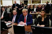  ?? SHANNON STAPLETON/ POOL PHOTO VIA AP, FILE ?? Former U.S. President Donald Trump, with lawyers Christophe­r Kise and Alina Habba, attends the closing arguments in the Trump Organizati­on civil fraud trial at New York State Supreme Court in the Manhattan borough of New York, Thursday, Jan. 11, 2024.