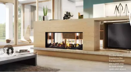  ??  ?? Double-sided fireplaces like Escea’s DS1150 are a great way to zone a large open-plan space.