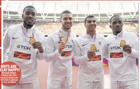  ??  ?? BRITS ARE RELAY HAPPY! Mitchell-Blake crosses the line ahead of American Christian Coleman in the 4x100m