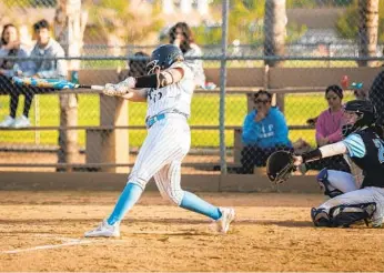  ?? KATIE WALL PHOTOGRAPH­Y ?? Catcher Sofia Mujica of Granite Hills is only a junior but already has 25 career home runs.