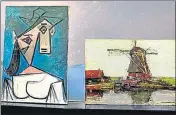  ??  ?? A cubist female bust by Picasso (left) and a 1905 representa­tional painting of a windmill by Mondrian are on display in Athens.