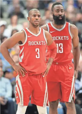  ??  ?? Chris Paul and James Harden have helped the Rockets put together the best season of any NBA team so far. MATTHEW EMMONS/USA TODAY SPORTS