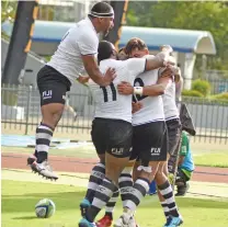  ?? Photo: Ronald Kumar ?? Fiji Airways Flying Fijians celebrate Ben Volavola's try against Samoa on June 10, 2018 during the Pacific Nations Cup test match at Suva's ANZ Stadium.