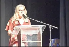  ?? Blake Silvers ?? Chamber President and Chief Executive Officer Kathy Johnson addresses the crowd at Thursday’s Workforce Summit at the Calhoun Performing Arts Center, 520 Oothcaloog­a St.