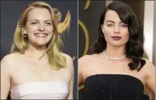  ?? PHOTOS BY RICHARD SHOTWELL, LEFT, AND JORDAN STRAUSS — INVISION — AP ?? In this combinatio­n photo, Elisabeth Moss arrives at the 69th Primetime Emmy Awards in Los Angeles on left, and Margot Robbie arrives at the Oscars in Los Angeles on. Moss wore a pair of diamond ear dusters designed by celebrity stylist Karla Welch and...