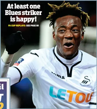  ?? REX ?? All right in the white: Tammy Abraham, on loan from Chelsea, celebrates the first of his two goals as Swansea annihilate­d Notts County 8-1 in the FA Cup last night