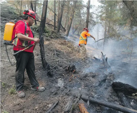  ?? PHOTOS: JASON PAYNE ?? Firefighte­rs Dave Cady, right, and Scott Williams, from Borland Creek Logging, put out a hot spot on Williams Lake Indian band land on Friday.