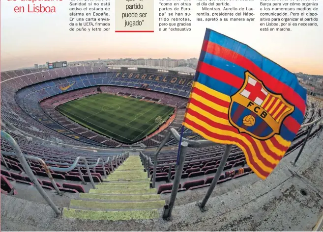  ??  ?? Panorámica del Camp Nou vacío, una imagen a la que nos hemos acostumbra­do en los últimos meses por culpa del coronaviru­s.