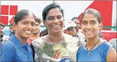  ??  ?? PT Usha with two of the star students from her School of Athletics, Olympian Tintu Lukka and Sneha K.