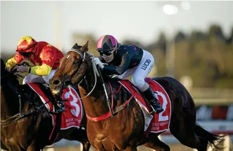  ?? Photo: Michael McInally ?? OFF THE MARK: Skye Bogenhuber extends The Monstar to the line to claim the Moreton Cup (1200m) at the Sunshine Coast. She will be looking for a similar result in Saturday’s $1.5m Stradbroke Handicap (1350m).