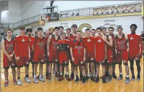  ?? The Sentinel-Record/James Leigh ?? DISTRICT RUNNER-UP: The Cutter Morning Star Eagles collected the 2A-5 South district runner-up plaque Friday night in Carlisle after falling, 69-47, in the final to England.