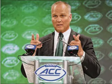  ?? CHUCK BURTON / ASSOCIATED PRESS ?? Miami coach Mark Richt speaks Wednesday during the ACC’s annual kickoff event in Charlotte, N.C. Richt said starting quarterbac­k Malik Rosier “made a lot of big plays in some really big moments” last season.