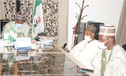  ??  ?? Acting CEO of Media Trust, Nura Mamman Daura (left) and the company’s Editor-in-Chief, Naziru Mikailu, during a courtesy visit to Governor Aminu Bello Masari in Katsina State on Thursday