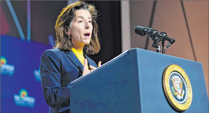  ?? Patrick Semansky The Associated Press ?? Commerce Secretary Gina Raimondo says colleges and universiti­es must triple the number of graduates in semiconduc­tor-related fields, or there will be a worker shortage.