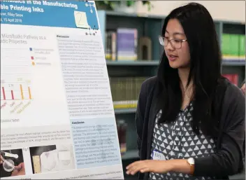  ?? Eddy Martinez/The Signal (See additional photos at signalscv.com) ?? Valencia High School’s Riley Seow presents her project at the sixth annual STEM Fair on Friday. The competitio­n showcases students’ use of basic nanoscienc­e concepts to address and solve real-world problems.