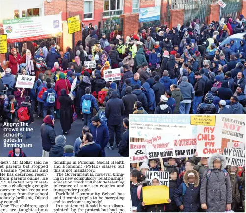  ??  ?? Angry: The crowd at the school’s gates in Birmingham Joining in: Children gathered to protest with placards