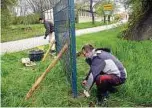  ??  ?? Andreas Hollbach (l.) und Mike Apel stellten am Ortseingan­g von Rohrbach ein Zaunsfeld als Träger für Plakate auf.