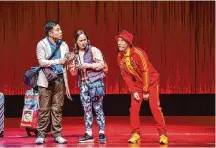  ?? ?? Albert (Will Dao, left) and Jennifer (Nelson) are greeted by stranger Tzi Chuan (Francis Jue) in Mike Lew’s comedy production.