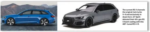  ??  ?? The current RS 4 channels the original: twin turbo V-6 and exclusivel­y in Avant form. GT Spirit debuted their 4th-gen RS 4 Avant casting with this ABT-tuned RS 4-R.