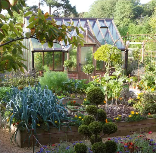  ??  ?? A raised bed formal potager at garden designer Adam Vetere’s home, features an abundance of produce focusing on his passion for Mediterran­ean cooking, including a range of onions, leeks, herbs, courgettes, tomatoes and espaliered fruit, as well as aubergines and peppers in the glasshouse