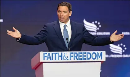  ?? Photograph: Shuttersto­ck ?? The Florida governor, Ron DeSantis, speaks at the 2023 Faith and Freedom Coalition's Road to Majority Policy Conference in Washington, on Friday.