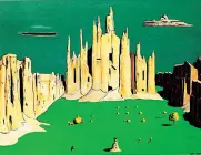  ??  ?? La tela«Piazza del Duomo di Milano» è il titolo del quadro dipinto nel 1952 da Dino Buzzati. La montagna in cui è stato trasformat­o il Duomo è probabilme­nte la Cima Canali, una delle più belle delle Pale di San Martino