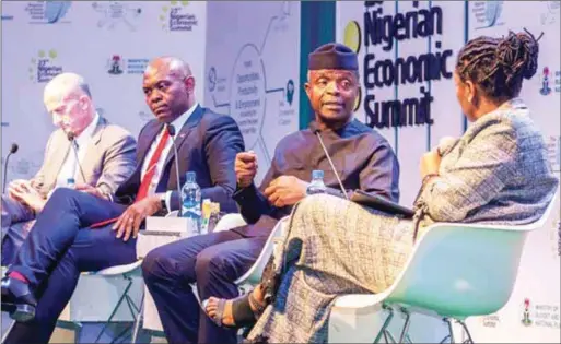  ??  ?? L-R: Director General Electric, Mr. John Rice; Chairman of Heirs Holdings, Mr. Tony Elumelu; Vice President Yemi Osinbajo and Moderator Kadara Ahmed discussing during 2017 Economic Summit held at Transcorps Abuja