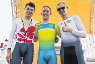  ?? PHOTO: REUTERS ?? The Australian­s still have some work to do to make their Commonweal­th Games cyclists’ outfits a little more demure. Harry Tanfield (left) of England, and Kiwi Hamish Bond are probably relieved they don’t have to wear the kind of revealing gear Cameron...