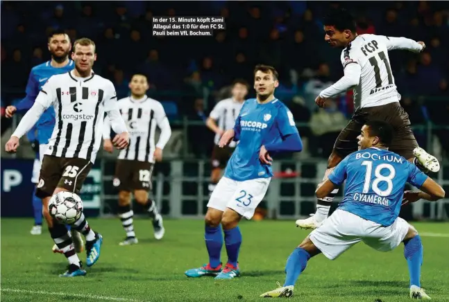  ??  ?? In der 15. Minute köpft Sami Allagui das 1:0 für den FC St. Pauli beim VfL Bochum.