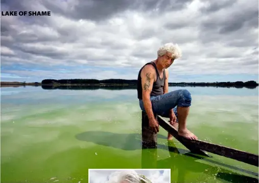  ??  ?? Phil Taueki at Lake Horowhenua showing the effects of taking a dip. Right, Taueki’s niece Makere Taueki and the skeleton of a dead bird on the edge of the lake.