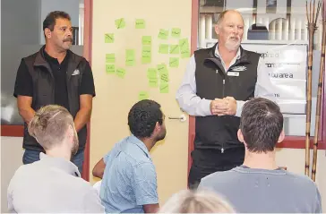  ??  ?? Gippsland Land and Waters Aboriginal Corporatio­n general manager Gratton Mullet (standing at left) and chief executive officer Roger Fenwick hosted this year’s Gippsland Community Leadership Program participan­ts at their office in Lakes Entrance earlier this year.