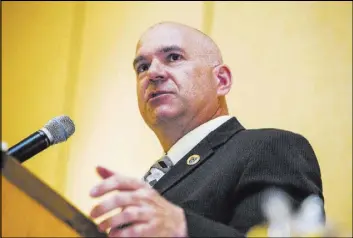  ?? JEFF SCHEID/LAS VEGAS REVIEW-JOURNAL FOLLOW @JLSCHEID ?? Nevada Department of Correction director James Dzurenda speaks during officer graduation May 6 at Texas Station Hotel and Casino. Dzurenda wants to emphasize rehabilita­tion in the state’s prisons.