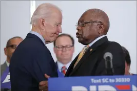  ?? GERALD HERBERT — THE ASSOCIATED PRESS ?? House Majority Whip, Rep. Jim Clyburn, D-S.C., greets Democratic presidenti­al candidate Joe Biden in North Charleston, S.C.