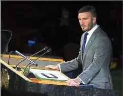  ??  ?? unicef Goodwill ambassador beckham speaking at the uN headquarte­rs recently in New york in conjunctio­n with World Children’s day. beckham is co-designing some rooms for The Londoner macao. — aFP