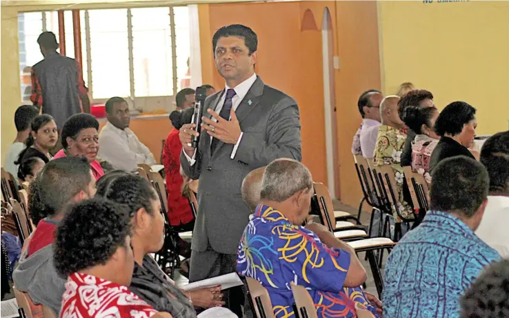  ?? Photo: Vilimoni Vaganalau ?? Attorney General and Minister for Economy Aiyaz Sayed-Khaiyum during the Nationwide Roadshow for teachers at the Vunimono Hall, Nausori on August 23, 2017.