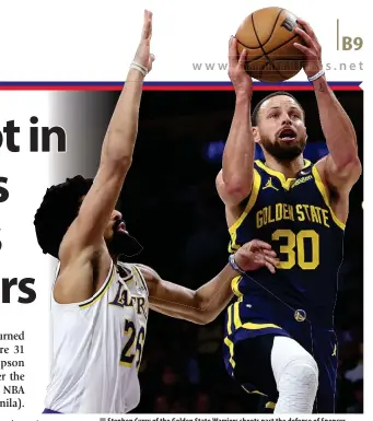  ?? AFP PHOTO ?? Stephen Curry of the Golden State Warriors shoots past the defense of Spencer Dinwiddie of the Los Angeles Lakers during the first half of a game at Crypto.com Arena on Saturday, March 16, 2024, in Los Angeles, California.