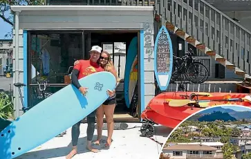  ?? ?? Mauro Dal Bosco and Katrina Millar from Surfsup New Zealand in Whangamata¯ spent the start of Waitangi weekend dealing with cancellati­ons. Below: Whitianga is also feeling the impact of a bad summer.