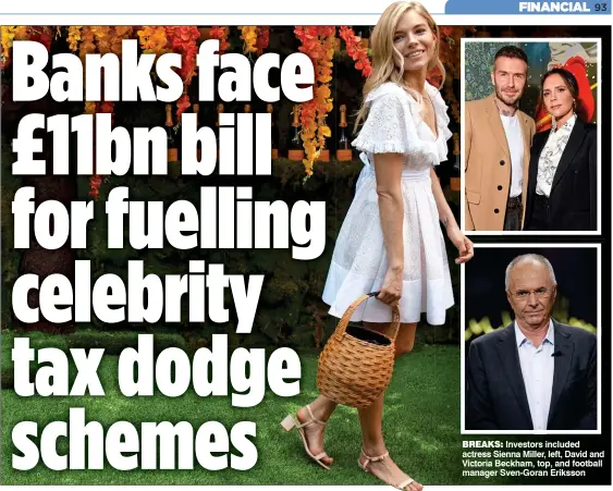  ??  ?? BREAKS: Investors included actress Sienna Miller, left, David and Victoria Beckham, top, and football manager Sven-Goran Eriksson