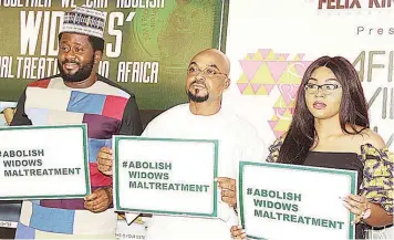  ??  ?? Member, Lagos State House of Assembly, Desmond Elliot (left); Founder, Felix King Foundation, Felix King and Nollywood Actress and Liberty project ambassador, Mercy Aigbe during the media announceme­nt of First Africa Widows’ Summit in Edo State and...