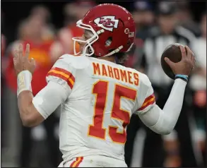  ?? JOHN LOCHER — THE ASSOCIATED PRESS FILE ?? Kansas City Chiefs QB Patrick Mahomes was available for every regular-season game. Chad Henne replaced him in one playoff game.