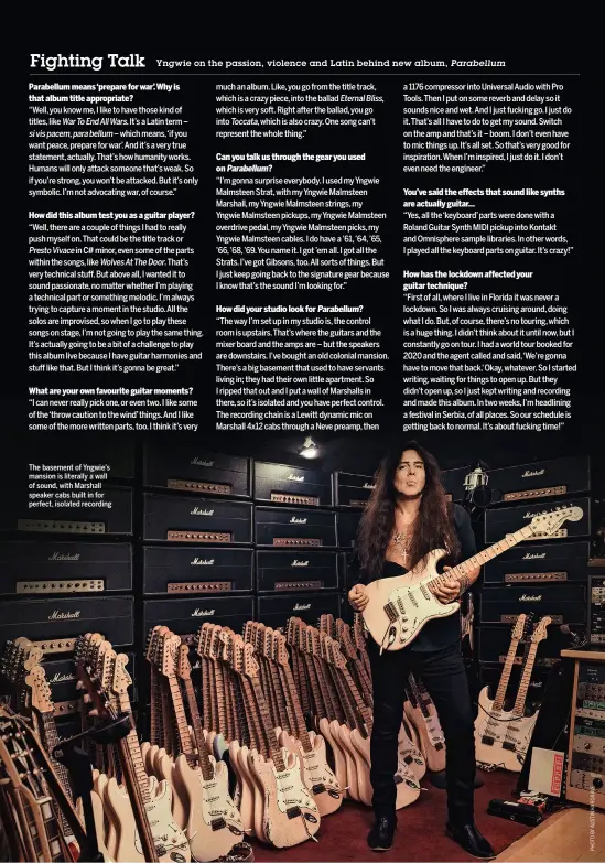  ??  ?? The basement of Yngwie’s mansion is literally a wall of sound, with Marshall speaker cabs built in for perfect, isolated recording