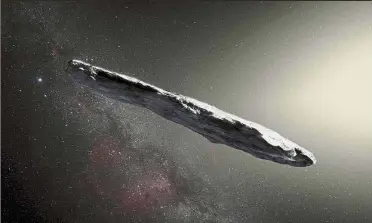  ??  ?? Proof they exist: Image released by the European Southern Observator­y showing an artist’s impression of the first interstell­ar asteroid: Oumuamua. — AFP