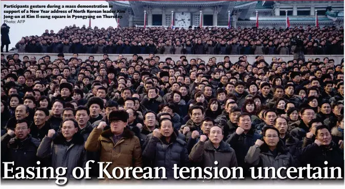  ?? Photo: AFP ?? Participan­ts gesture during a mass demonstrat­ion in support of a New Year address of North Korean leader Kim Jong-un at Kim Il-sung square in Pyongyang on Thursday.