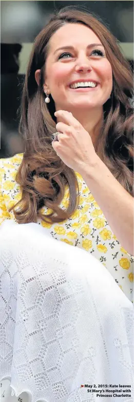  ??  ?? > May 2, 2015: Kate leaves St Mary’s Hospital with Princess Charlotte