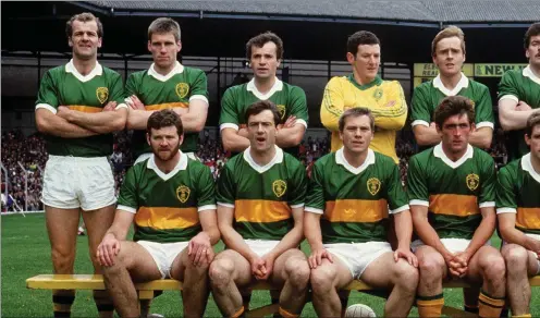  ??  ?? The Kerry team that completed their 3-in-a-row after defeating Tyrone 2-15 to 1-10 on September 21st 1986 in Croke Park. Back row; Jack O’Shea, Tom Spillane, M Front row: Eoin Liston, Tommy Doyle, Páidí Ó’Sé, Ambrose O’Donovan, Mick Spillane, Ger Power and Denis Ogie Moran. Picture credit; Ray McManus / SPORTSFIL