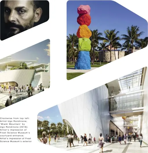  ??  ?? Clockwise from top left: Artist Ugo Rondinone; 'Miami Mountain' by
Ugo Rondinone (2016); Artist's impression of Frost Science Museum's courtyard entrance; Artist's impression of Frost Science Museum's exterior